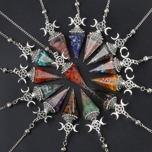Natural Stone Hexagon Cone Pendulum Pendant Seven Chakra Resin Healing Energy Reiki For Jewelry Making Accessories Necklaces